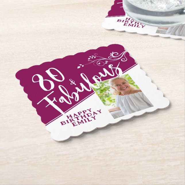80 and Fabulous Script Photo Magenta 80th Birthday Paper Coaster (Angled)