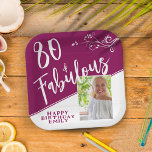 80 and Fabulous Script Photo Magenta 80th Birthday Paper Plate<br><div class="desc">80 and Fabulous Script Photo Magenta 80th Birthday Paper Plates. Trendy white script and white foliage with a custom photo. Make your own 80th birthday party paper plates for her. Customise with the name and age and insert your photo into the template.</div>