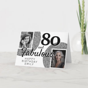 80 and Fabulous Silver Glitter 2 Photo Birthday Card