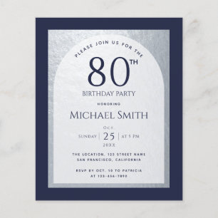 80 Birthday Budget Navy Blue Silver Man Invitation