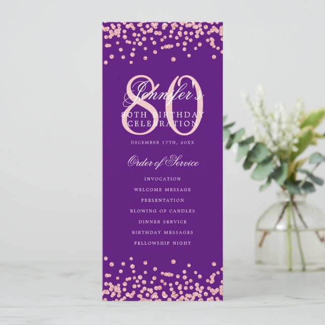 80 Birthday Program Menu Thanks Rose Gold Purple  (Standing Front)