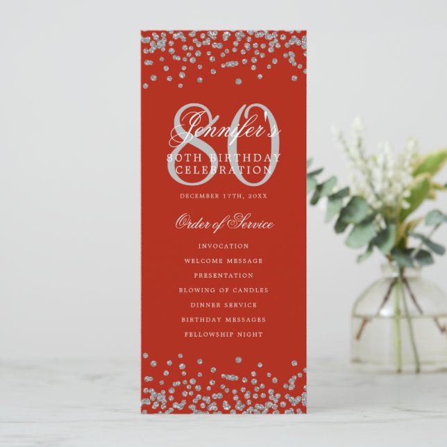 80 Birthday Program Silver Confetti Menu Red  (Standing Front)