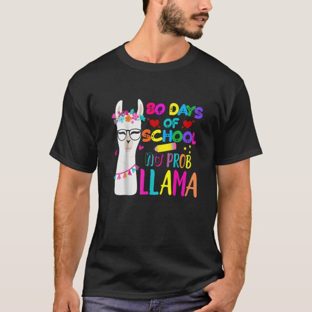 80 Days Of School Teacher No Prob Llama Girls Boys T-Shirt (Front)