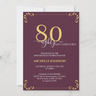 80 & Fabulous Burgundy White & Gold Birthday Invitation