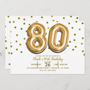 80 Gold Balloons & Confetti 80th Birthday Party Invitation