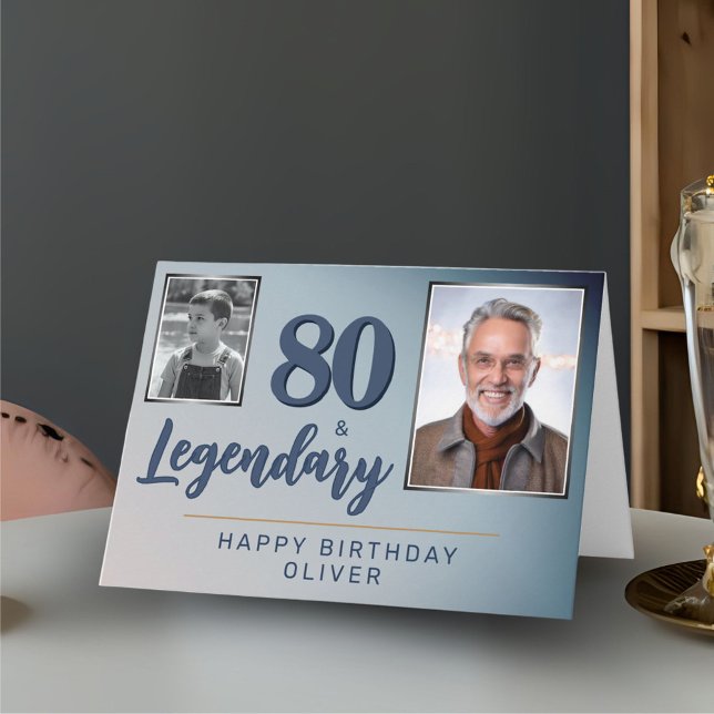 80 & Legendary 2 Photos 80th Birthday  Card (Creator Uploaded)