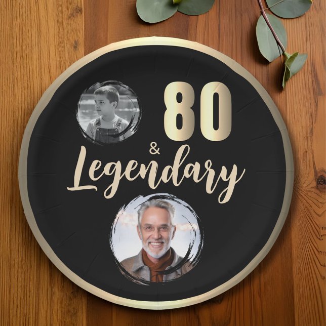 80 & Legendary 2 Photos 80th Birthday Gold Paper Plate (Creator Uploaded)