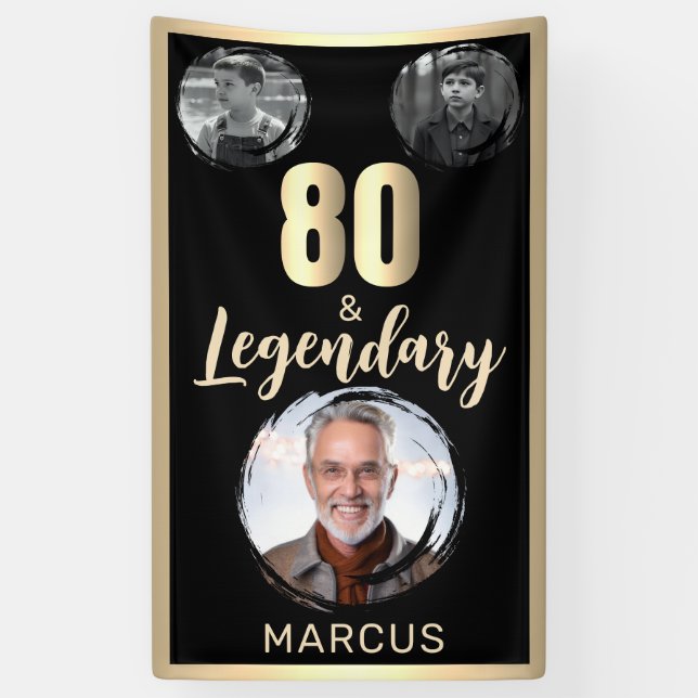 80 & Legendary 3 Photos 80th Birthday Gold Banner (Vertical)