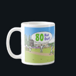 80 Not Out Cricket Theme. 80th Birthday Coffee Mug<br><div class="desc">My colour illustration is of a cricket match and shows a batsman hitting a ball with his bat. A mug with wording that reads "80 Not Out" to reflect the Cricket Theme. Celebrate a milestone birthday with a cricket theme mug gift. For someone who is 80 Years old. An Eightieth...</div>