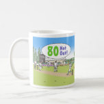 80 Not Out Cricket Theme. 80th Birthday Coffee Mug<br><div class="desc">My colour illustration is of a cricket match and shows a batsman hitting a ball with his bat. A mug with wording that reads "80 Not Out" to reflect the Cricket Theme. Celebrate a milestone birthday with a cricket theme mug gift. For someone who is 80 Years old. An Eightieth...</div>