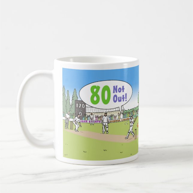 80 Not Out Cricket Theme. 80th Birthday Coffee Mug (Left)