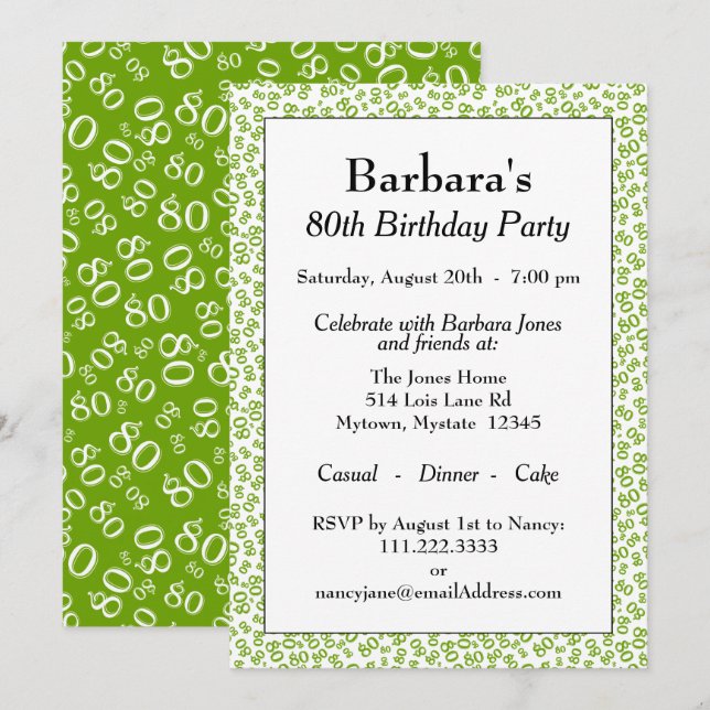 80 Random Number Pattern Green/White 80th Invitation (Front/Back)