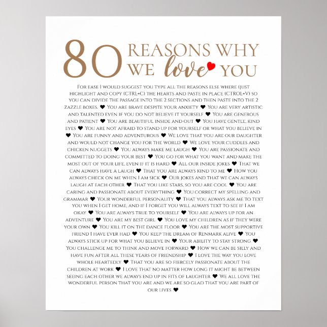 80 reasons why we love you 70th 60th 50th birthday poster (Front)