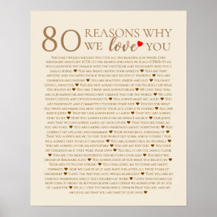 80 reasons why we love you 70th 60th 50th birthday poster