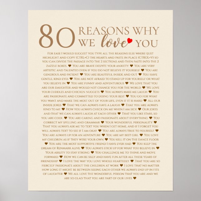 80 reasons why we love you 70th 60th 50th birthday poster (Front)