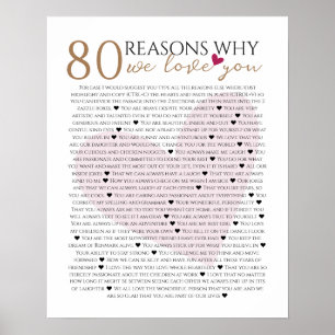 80 reasons why we love you 70th 60th 50th birthday poster