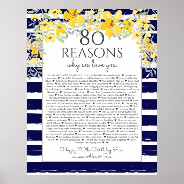 80 reasons why we love you yellow navy floral poster (Front)