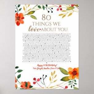80 things we love about you orange flowers poster