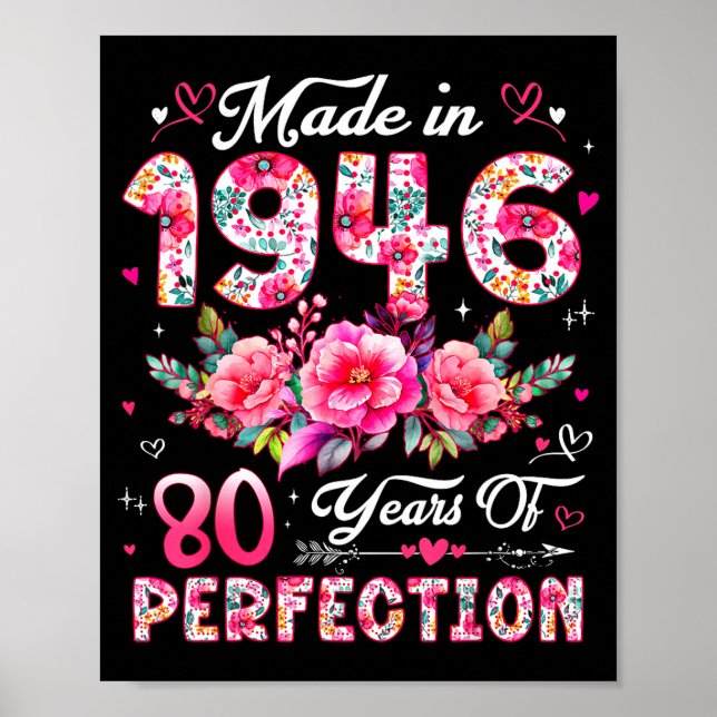 80 Year Old Made In 1946 Floral 80th Birthday Wome Poster (Front)