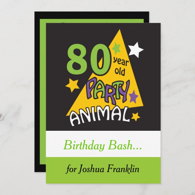 80 Year Old Party Animal - 80th Birthday Invitation (Front/Back)