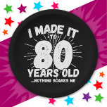 80 Year Old Sarcastic Meme Funny 80th Birthday Paper Plate<br><div class="desc">This funny 80th birthday design makes a great sarcastic humour joke or novelty gag gift for a 80 year old birthday theme or surprise 80th birthday party! Features 'I Made it to 80 Years Old... Nothing Scares Me' funny 80th birthday meme that will get lots of laughs from family, friends,...</div>