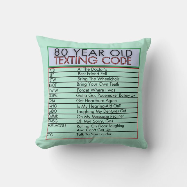 80 Year Old Texting Code Funny Birthday Seniors Cushion (Front)