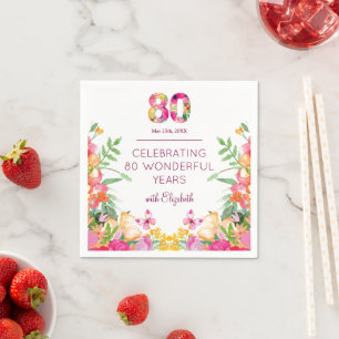 80 Years Floral Flowers - Butterfly 80th Birthday Napkin