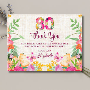 80 Years Flowers Floral 80th Birthday Linen Thanks Postcard