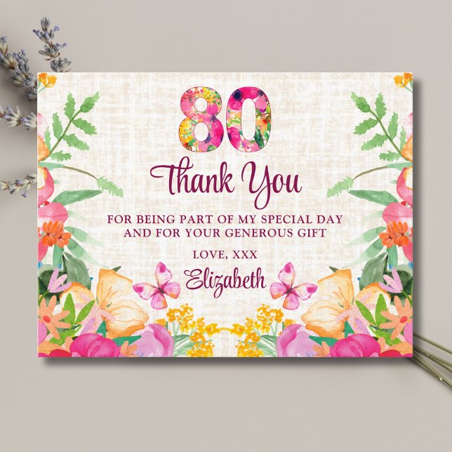80 Years Flowers Floral 80th Birthday Linen Thanks Postcard (Creator Uploaded)