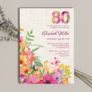 80 Years Flowers Floral Linen 80th Birthday Invitation