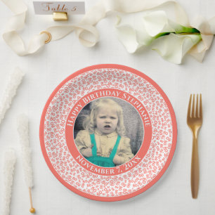80 Your Photo Random Number Pattern Coral/White Paper Plate