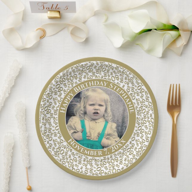 80 Your Photo Random Number Pattern Gold/White Paper Plate (Wedding)