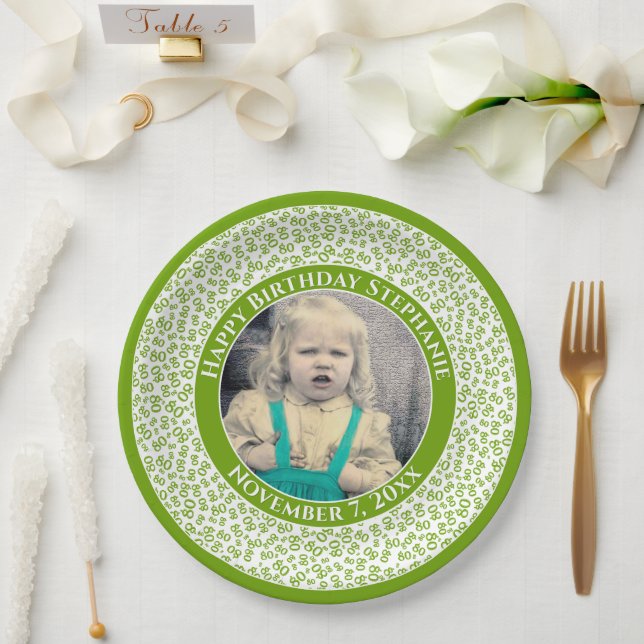 80 Your Photo Random Number Pattern Green/White Paper Plate (Wedding)