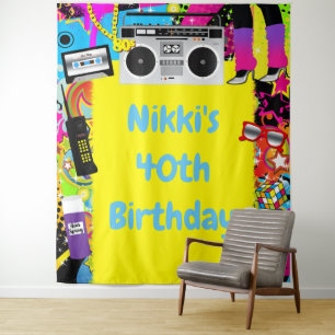 80's 1980s Yellow Retro Birthday Party Backdrop Tapestry