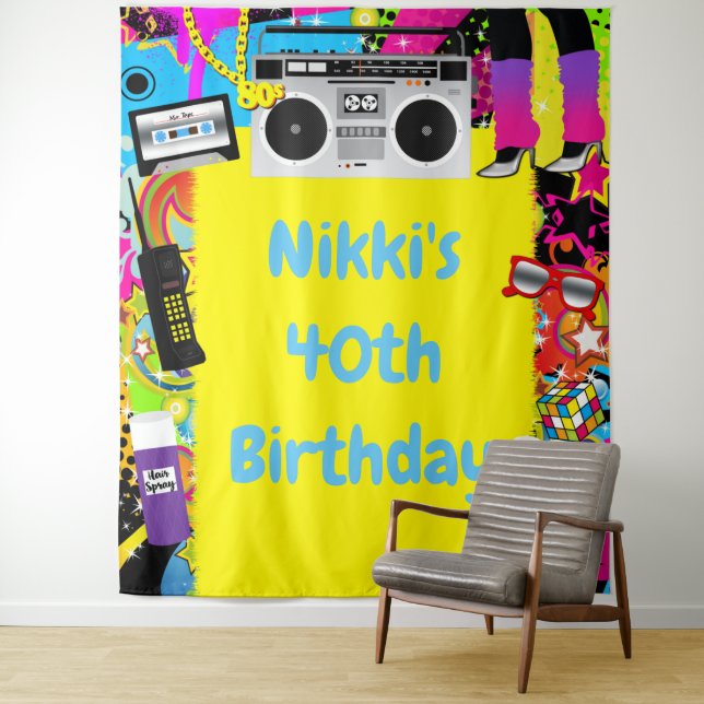 80's 1980s Yellow Retro Birthday Party Backdrop Tapestry (In Situ)