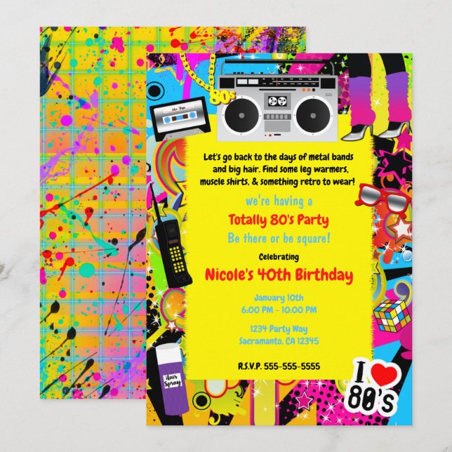 80's 1980s Yellow Retro Theme Birthday Party Event Invitation (Front/Back)