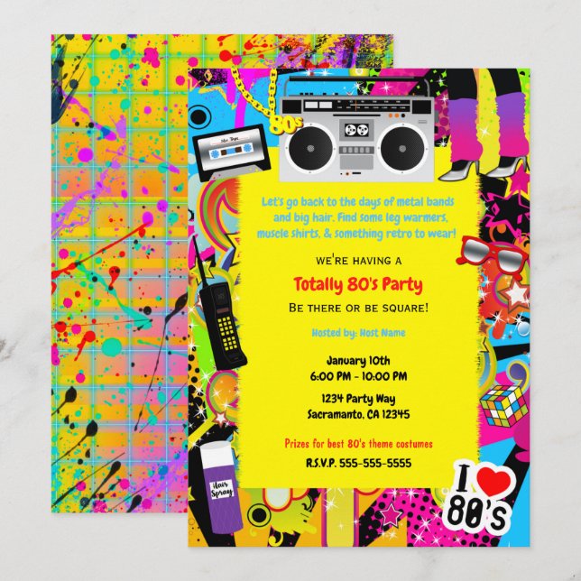 80's 1980s Yellow Retro Theme Birthday Party Event Invitation (Front/Back)