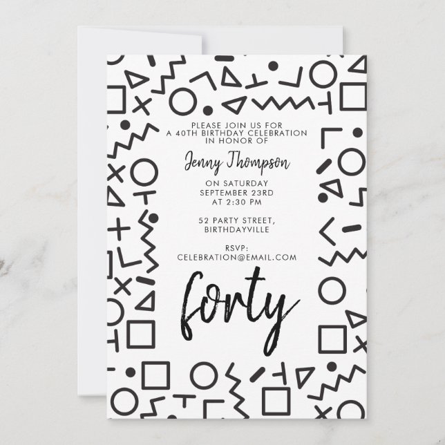 80's 90's Black White Retro Shapes Birthday Party Invitation (Front)