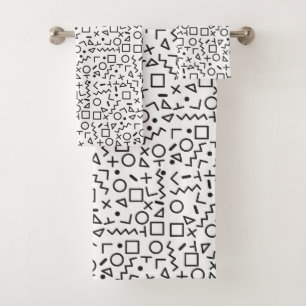 80's 90's Black & White Retro Shapes Pattern Bath Towel Set