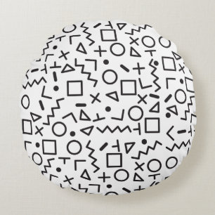 80's 90's Black & White Retro Shapes Pattern Round Cushion