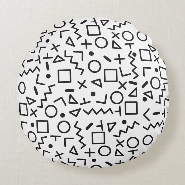 80's 90's Black & White Retro Shapes Pattern  Round Cushion (Front)