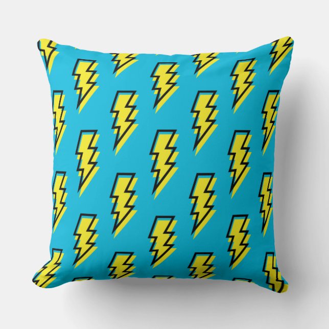80's/90's Neon Blue Yellow Lightning Bolt Pattern Cushion (Front)