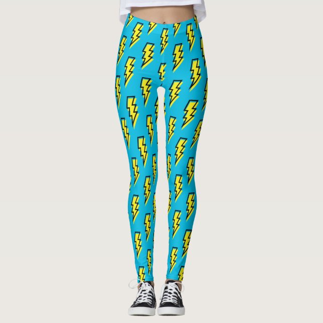 80's/90's Neon Blue Yellow Lightning Bolt Pattern Leggings (Front)