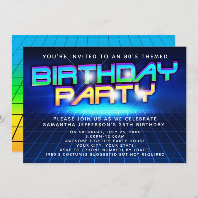 80s 90s Neon Glow Grid Eighties Birthday Party Invitation (Front/Back)
