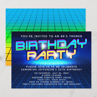 80s 90s Neon Glow Grid Eighties Birthday Party Invitation