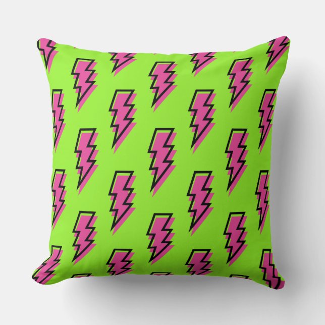 80's/90's Neon Green & Pink Lightning Bolt Pattern Cushion (Front)