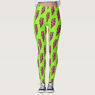 80's/90's Neon Green & Pink Lightning Bolt Pattern Leggings