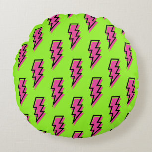 80's/90's Neon Green & Pink Lightning Bolt Pattern Round Cushion