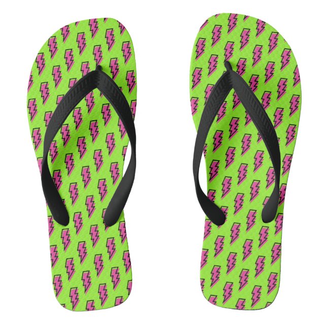 80's/90's Neon Green & Pink Lightning Bolt Pattern Thongs (Footbed)