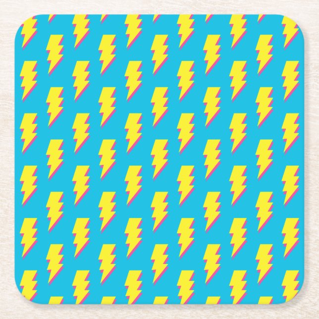80's/90's Pattern Fun Blue Yellow Bolt Neon Retro Square Paper Coaster (Front)